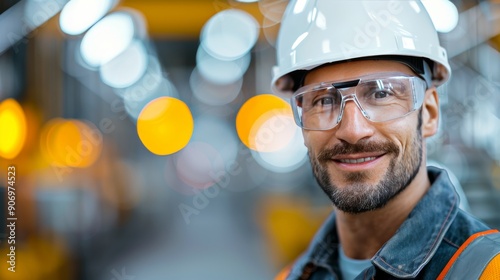 Construction Worker Smiling in Safety Gear at Industrial Site During Daylight