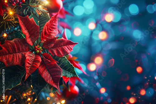 Bright Christmas background with copy space made of poincettia flowers, spruce branches and Christmas lights. photo