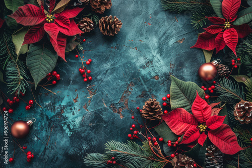 Christmas flatlay made of poincettia flowers, christmas tree brunches and fir cones with diagonal copy space.  photo