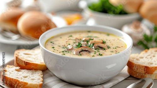 Creamy Mushroom Soup Served With Fresh Bread on a Rustic Table