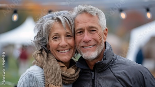 Happy Couple Smiling Together at Outdoor Gathering on a Cool Autumn Day