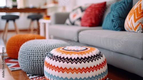 Cozy Living Room With Colorful Poufs and Modern Furniture