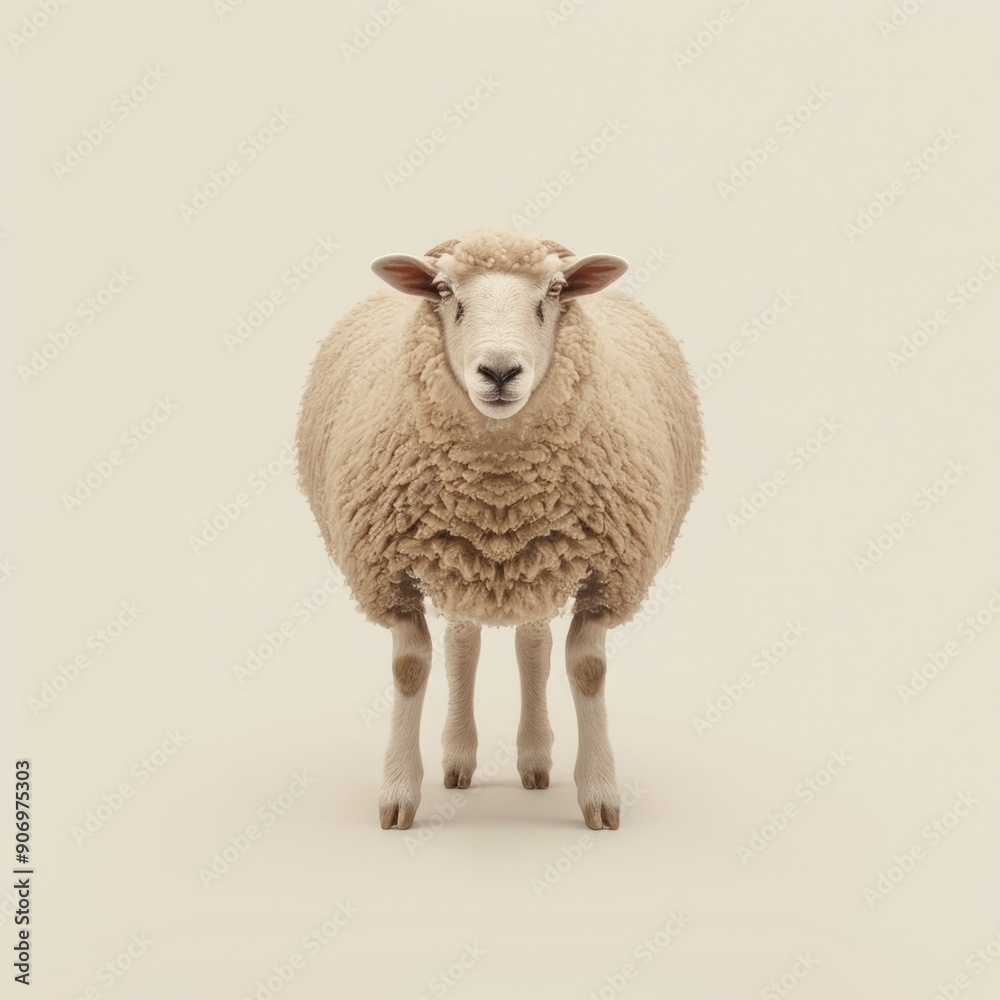 Medium shot of a sheep, isolated on a light solid pastel white background Medium shot of a sheep, isolated on a light solid pastel white background