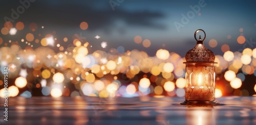 Decorative Lantern Illuminates a Night Cityscape With Sparkling Bokeh Lights