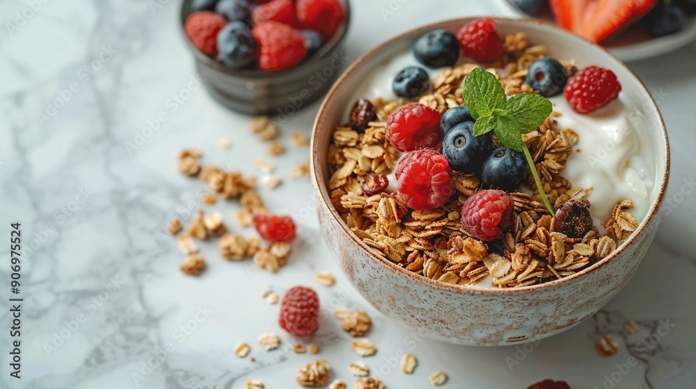 a bowl of granola with berries and yogurt a bowl of granola with berries and yogurt