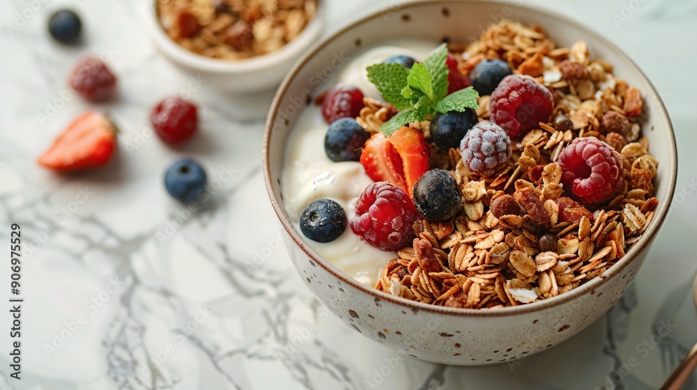 a bowl of granola with fruit and yogurt a bowl of granola with fruit and yogurt
