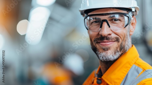 Construction Worker Smiling in Safety Gear at Industrial Site During Daylight