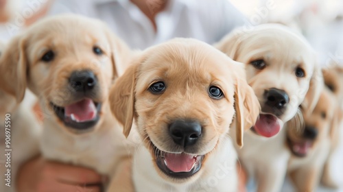 Happy Man Cuddling Playful Puppies in Snowy Winter Setting