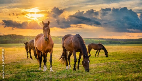 Thoroughbred horses grazing at sunset in a field.