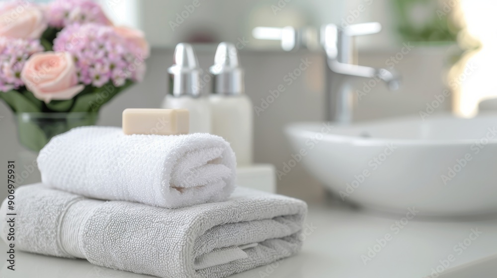 Neatly Stacked Towels in a Modern Bathroom Amid Soft Natural Light Neatly Stacked Towels in a Modern Bathroom Amid Soft Natural Light