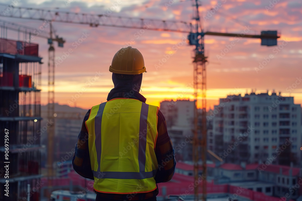 A construction worker wearing a yellow vest. A construction worker wearing a yellow vest.