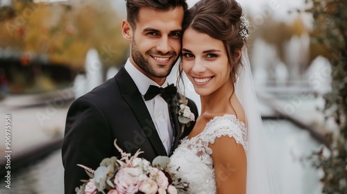 Romantic Wedding Couple Posing by Scenic Fountain in Autumn Park