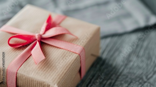 Gift Wrapped in Craft Paper With Pink Ribbon on Wooden Table
