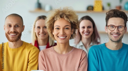 Group of Diverse Young Adults Smiling Against Neutral Background in Studio Se...