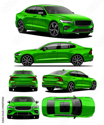 Realistic vector isolated 3d illustration green car blueprint in front, back, side and isometric view