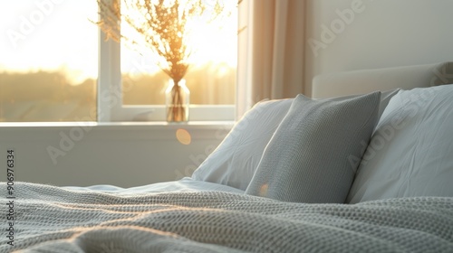 Cozy Bedroom With Sunlight Streaming Through Window At Sunrise