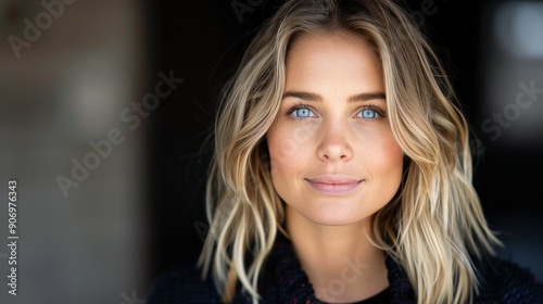 Young Woman With Blonde Hair and Blue Eyes Smiling in Natural Light
