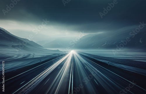 Misty Mountain Road at Dusk With Blurred Light Trails