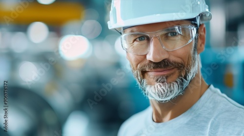 Construction Worker Smiling in Safety Gear at Industrial Site During Daylight
