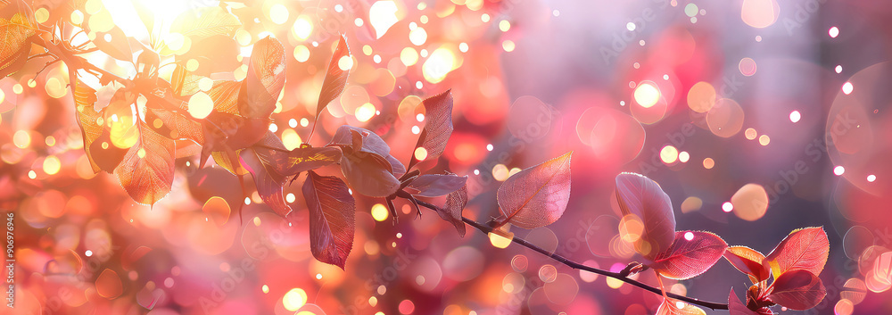 Close up of colorful, pink leaves on branches, foliage of trees, with bokeh, lights on blurred background. Scenic autumn, fall landscape with sunlight. Copy space. Generative ai Close up of colorful, pink leaves on branches, foliage of trees, with bokeh, lights on blurred background. Scenic autumn, fall landscape with sunlight. Copy space. Generative ai