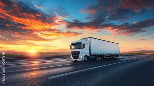 A white cargo truck driving on a highway during a vibrant sunset. Blank truck mockup for advertising.  photo