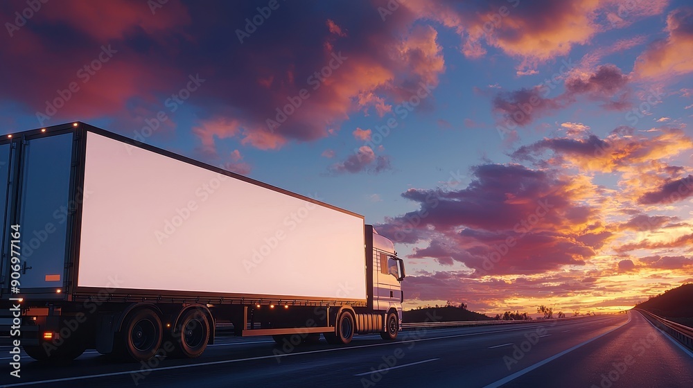 A white cargo truck driving on a highway during a vibrant sunset. Blank truck mockup for advertising. A white cargo truck driving on a highway during a vibrant sunset. Blank truck mockup for advertising.