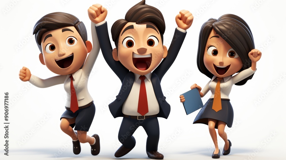 Fototapeta premium Cheerful cartoon business team celebrating success in 3d, full body isolated on white background