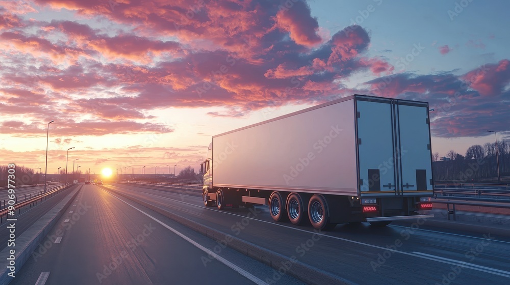 A white cargo truck driving on a highway during a vibrant sunset. Blank truck mockup for advertising. A white cargo truck driving on a highway during a vibrant sunset. Blank truck mockup for advertising.