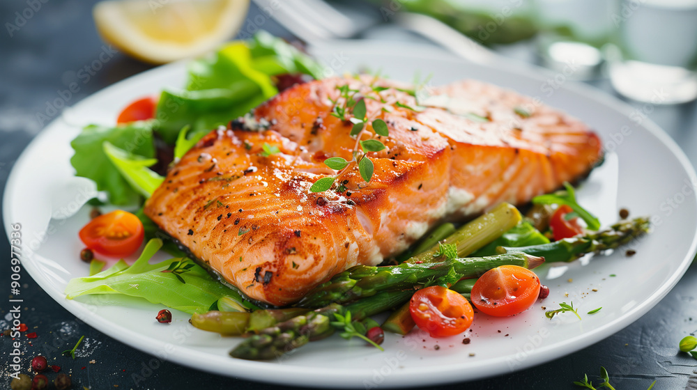 Baked salmon is served on a white plate, enriched with a green salad and crispy asparagus. Baked salmon is served on a white plate, enriched with a green salad and crispy asparagus.