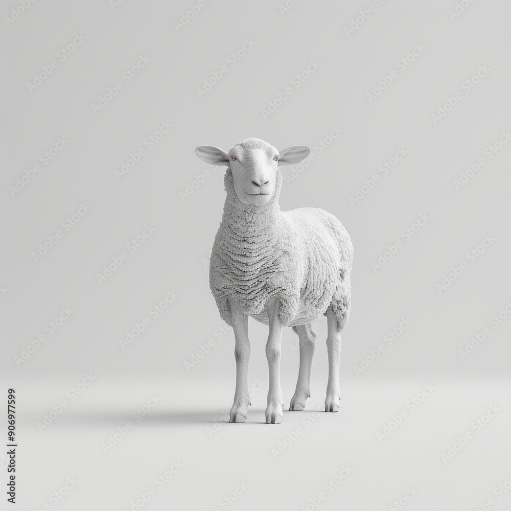 Fototapeta premium Medium shot of a sheep, isolated on a light solid pastel white background 