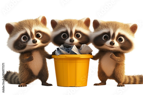 3D raccoon sorting trash on transaparent png file photo