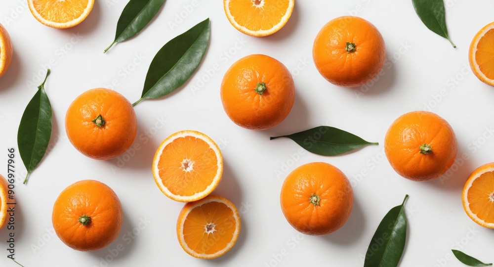 Fresh orange with green leaves on white. Food background. Top view Fresh orange with green leaves on white. Food background. Top view