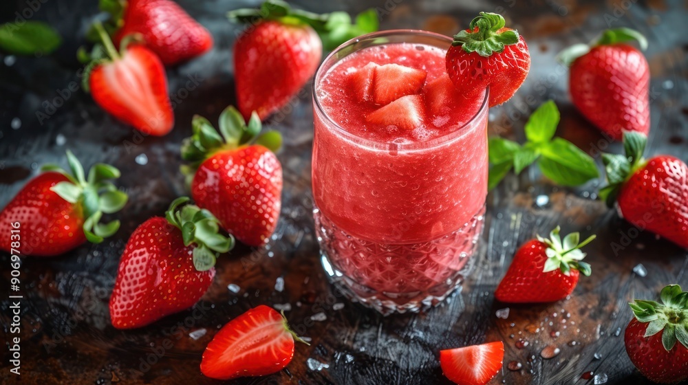 Glass Filled with Ice and Strawberries, A glass filled with ice and fresh strawberries, strawberries on a table. Glass Filled with Ice and Strawberries, A glass filled with ice and fresh strawberries, strawberries on a table.
