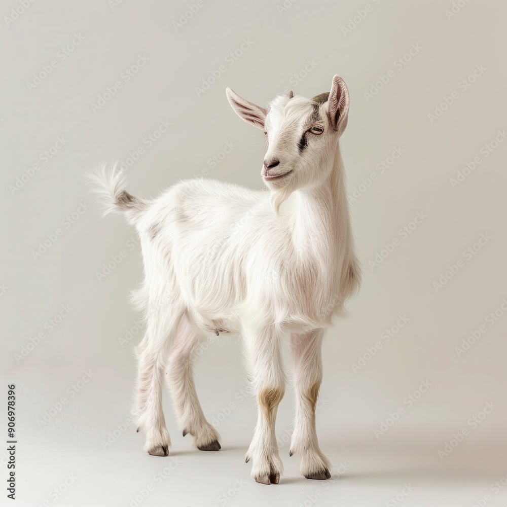 Medium shot of a goat, isolated on a light solid pastel white background Medium shot of a goat, isolated on a light solid pastel white background