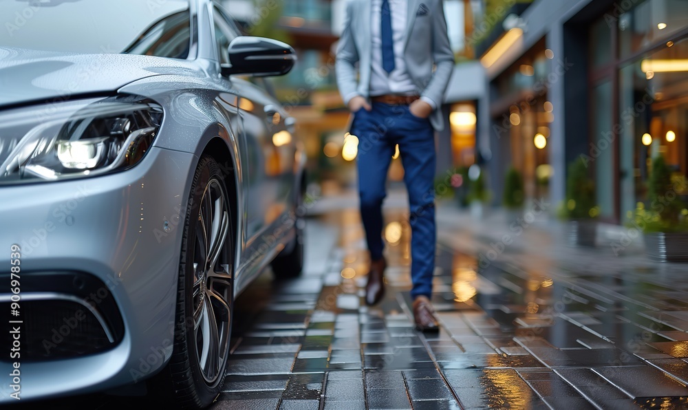 Obraz premium The caucasian businessman is opening the door of his car, representing business and transportation concepts.