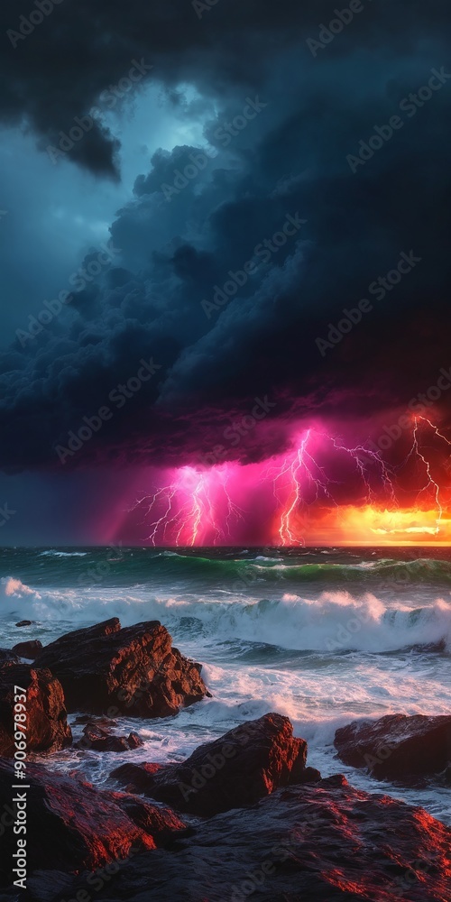 Naklejka premium Dark stormy sea with dramatic sky and lightnings