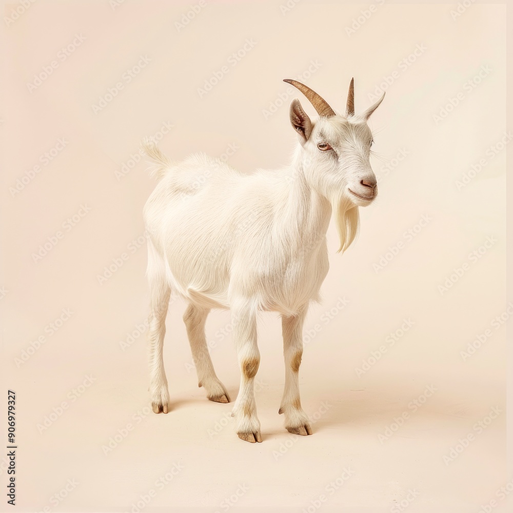 Medium shot of a goat, isolated on a light solid pastel white background Medium shot of a goat, isolated on a light solid pastel white background