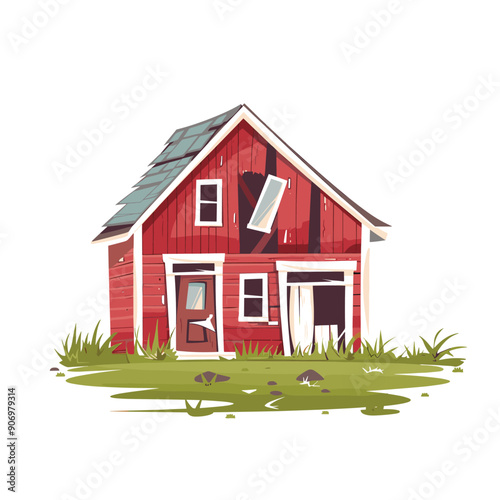 Red barn abandoned dilapidated surrounded grass. Old wooden farmhouse damaged, missing tiles roof, broken windows. Rural decay, farm building neglected, weathered countryside