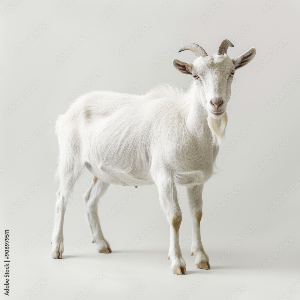 Medium shot of a goat, isolated on a light solid pastel white background Medium shot of a goat, isolated on a light solid pastel white background