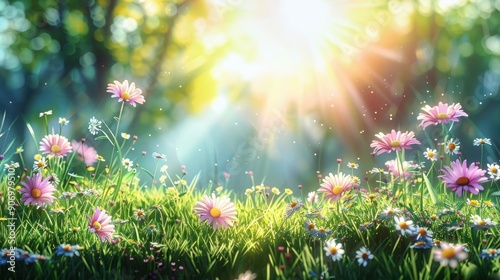 spring themed designs, nature projects, sunlight background banner. Beautiful spring meadow with grass and flowers.