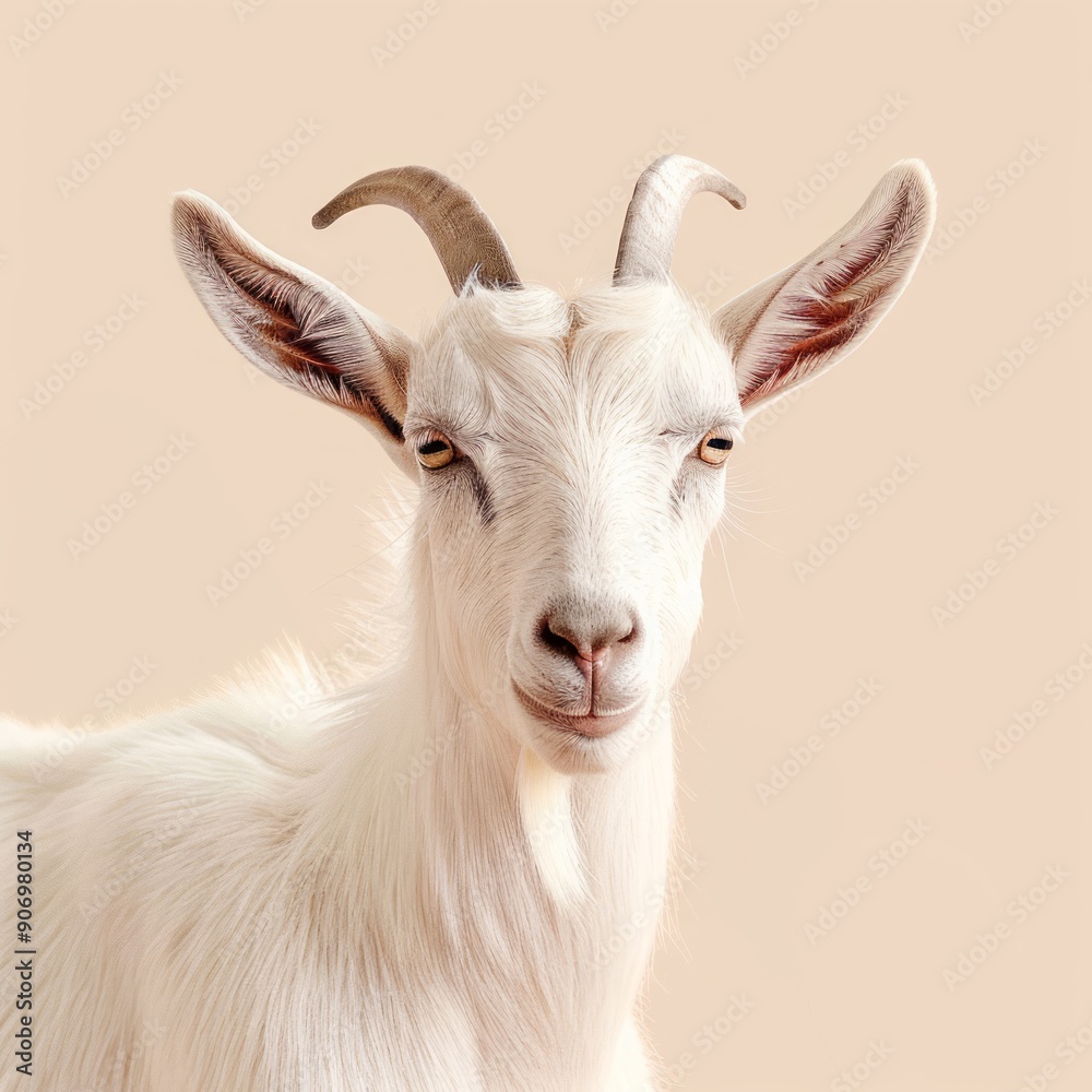 Medium shot of a goat, isolated on a light solid pastel white background Medium shot of a goat, isolated on a light solid pastel white background