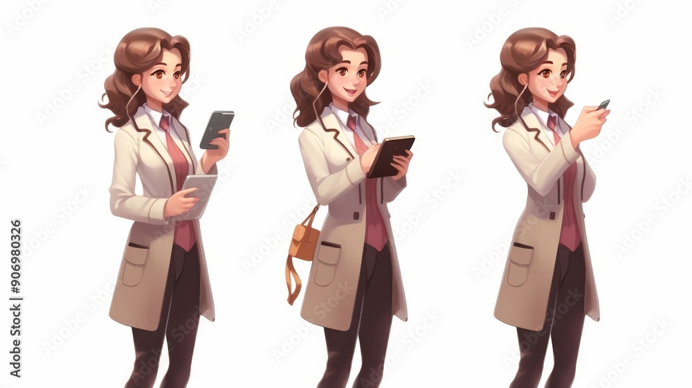 Smiling female doctor cartoon characters with tablet computer, standing isolated on white background Smiling female doctor cartoon characters with tablet computer, standing isolated on white background