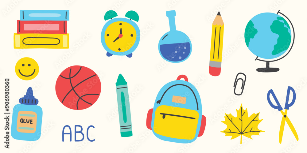 Set with school elements. Cartoon supply icons. Vector illustration Set with school elements. Cartoon supply icons. Vector illustration
