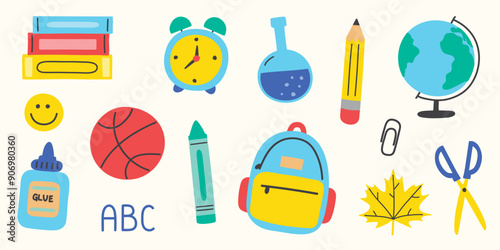 Set with school elements. Cartoon supply icons. Vector illustration