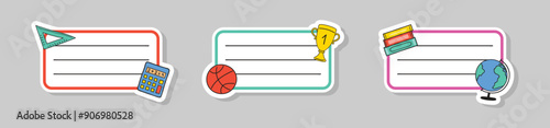 Collection of a school labels. Cartoon design for a notebook. Vector illustration