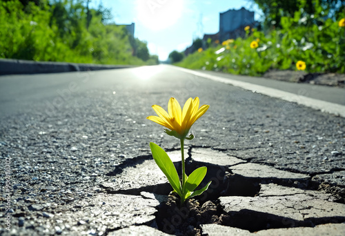 Flower grows on crack street, pits on asphalt road.