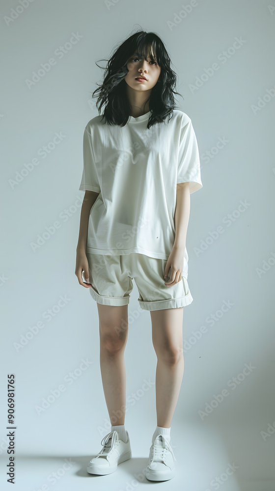 Full body shot of young stylish female model, wearing a comfortable casual clothes t-shirt, shorts, sneakers, isolated on simple white background
Full body shot of young stylish female model, wearing a comfortable casual clothes t-shirt, shorts, sneakers, isolated on simple white background