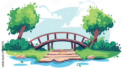 Cartoon bridge over serene river gentle stream landscaping element. Lush green trees flank wooden arched bridge tranquil nature scene. Vibrant colors, calm atmosphere represented picturesque outdoor
