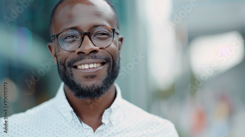 Smiling Man Outdoors in Casual Shirt Enjoying a Sunny Day in Urban Setting