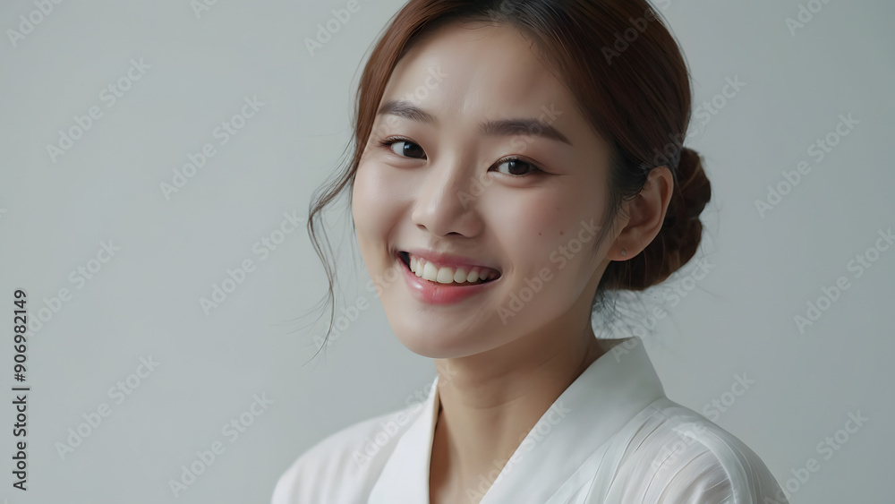 Young Korean woman Hair beautifully styled in a bun. Smiling broadly, dressed in a white blouse on a light background Young Korean woman Hair beautifully styled in a bun. Smiling broadly, dressed in a white blouse on a light background